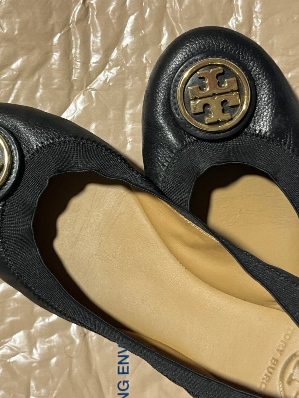 Tory Burch Caroline 2 Black Ballet Flats Size 7 Leather Logo Shoes